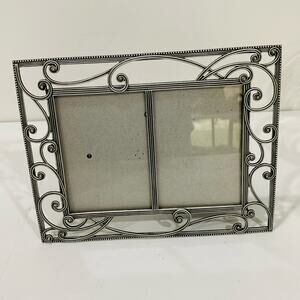 Burnes of Boston Silvertone Pewter Metal double picture frame Art Nouveau style